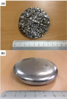 Fig. 1. Typical shape of compressed Zr sponge-scrap mixture cake (a) and  ingot cake(b) prepared in this study