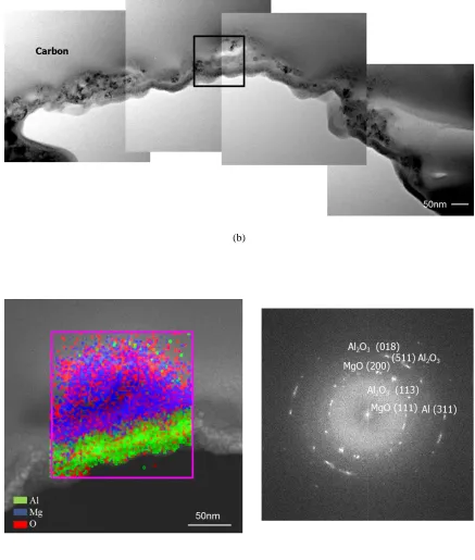 Figure 2.5 Cross section of blister displaying (a) surface features within the blister (b)transmission electron micrograph image of the blister, (c) EDS map overlay showing elemental composition of blister shell from the region within the insert box in (b) with elements Al(green), O (red) and Mg (blue) and (d) SAED pattern of the region shown in (c) 