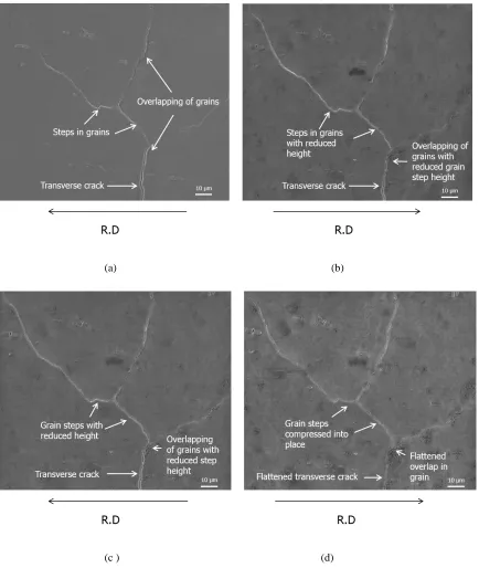 Figure 3.2. Scanning electron images of the Al-Mn surface taken from the same region after (a) 1 pass, (b) 2 passes, (c) 3 passes, (d) 4 passes 