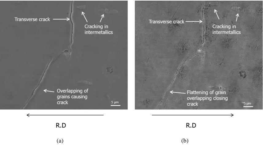 Figure 3.3. Scanning electron images of Al-Mn surface showing evolution of the same surface crack after (a) 1 pass and (b) 4 passes