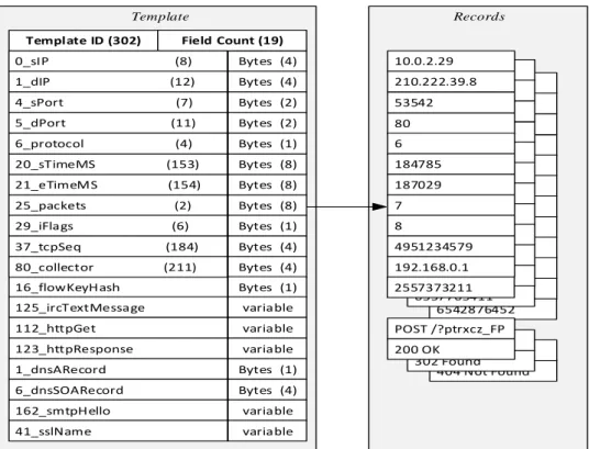 Figure 14. The extended BotProbe IPFIX template, including an additional seven EEs  with IANA ID# in brackets