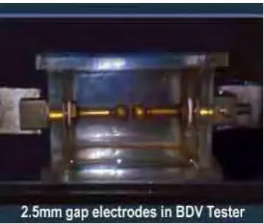 Figure 2. 3: 2.5mm gap electrodes in breakdown voltage tester [6]. 