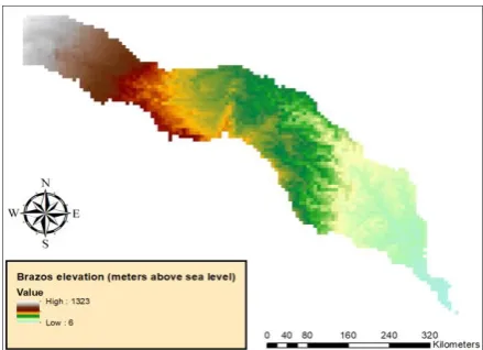 Fig. 1. The digital elevation model of Brazos Basin in Texas. 