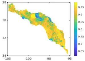 Fig. 5. The Pearson correlation coefficient of predicted and actual runoff data  across the whole cells within the basin