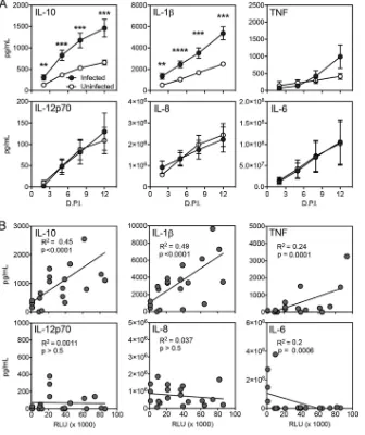 FIG 5 HIV-1 stimulates production of IL-10 and IL-112 dpi. A positive correlation was identiﬁed between RLU and IL-10 and IL-1� in a human tonsil explant model