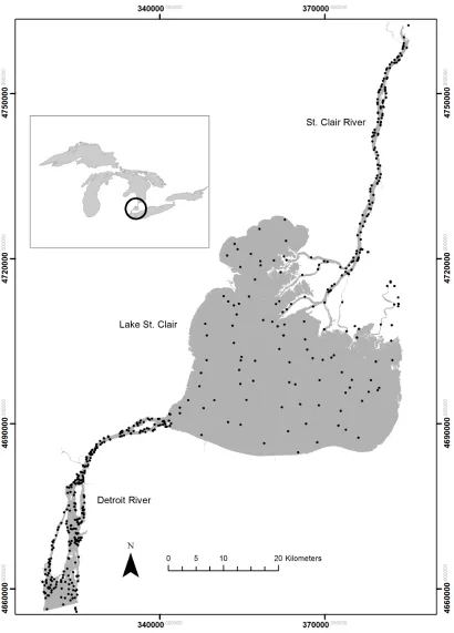 Figure 2.1 Study area, Location of sampling locations from all 6 surveys. 