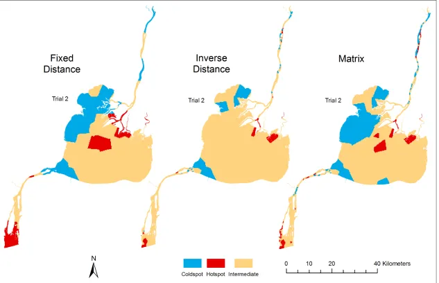 Figure 2.2 Map Comparison of Hot and Cold Zones generated for Trial 2. Red, blue and beige designate hot, cold and intermediate zones