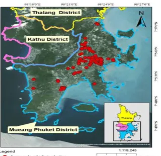 Fig. 1. Location of 121 clinics from a simple random sampling technique was  used in this study that located within Mueang Phuket District, Phuket Province, Thailand