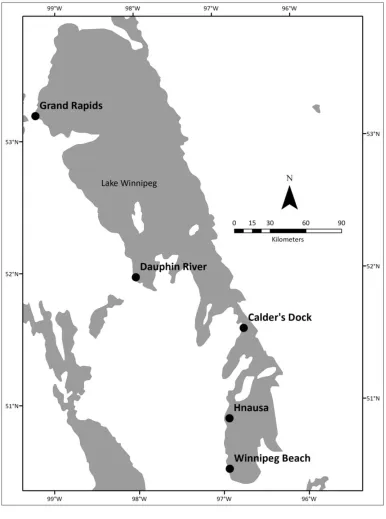 Figure 3: Map of Lake Winnipeg, Manitoba. Black dots indicate plankton tow sampling 