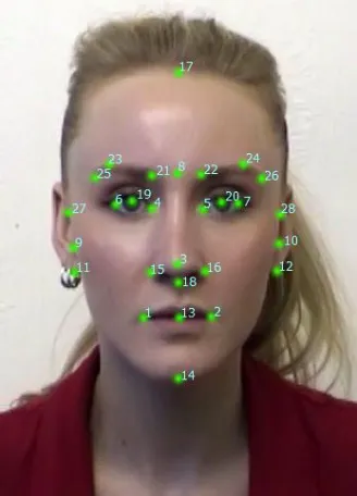 Fig. 1. Extended number of anthropometrical points (marked order meets [14])  When focusing on statistical approaches to the face recognition, especially focused on emotional changes in faces, only the machine recognition is disposable [1], [2], [5], [6], 