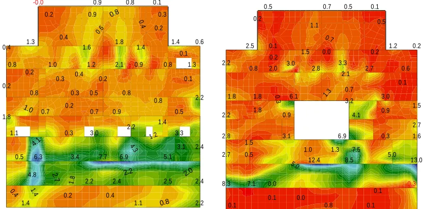 Figure 12. Two Example Exterior Walls Showing Maximum Steel Reinforcement Strain in ‰ under 6xNCOE Excitation at TMSL -155 m