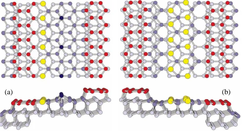 Figure 5.12 Structural models for gold chain structures on vicinal Si(111). Large circles are Au, small circles are Si, and dark blue circles are Si adatoms (a) Si(557)-Au (b) Si(775)-Au [40]