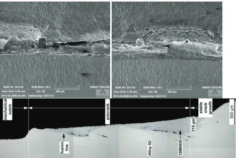 Figure 9: Top: SEM, specimen 2 centre, side of alloy 52 (left), side of 18MND5 (right) Bottom: cross section of specimen 2 centre 