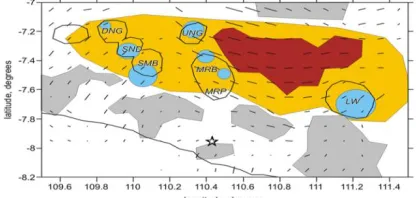 Fig. 1. Some highlighted structures mentioned in the interpretation in [3]. The  dark red area is the MLA anomaly with an extremely strong amplitude