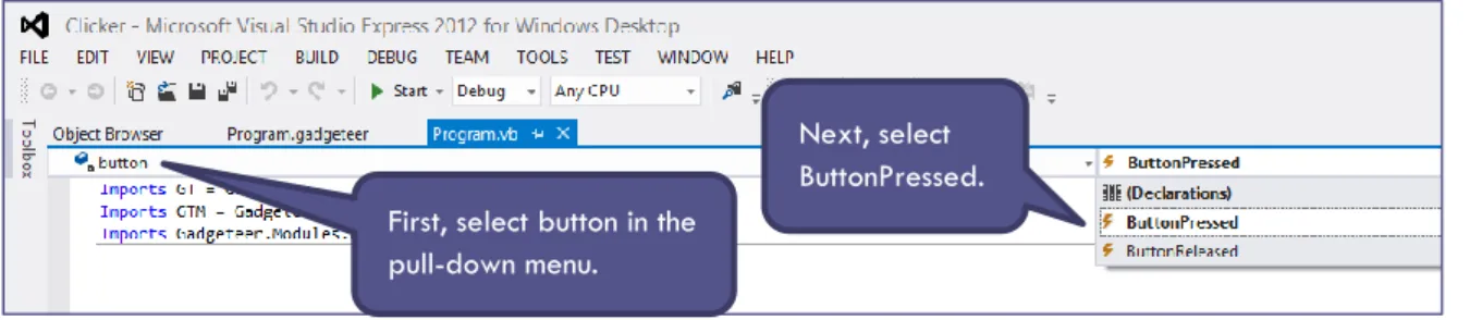 Figure 18: Finding an event handler  An empty procedure will appear at the bottom of your code listing: 