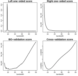 Figure 5: Reporting delay component: bandwidth selection scores with multiplicative biascorrected estimator.