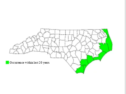 Figure 2.1:  County level occurrences of Seabeach amaranth (Amaranthus pumilusNorth Carolina since 1983