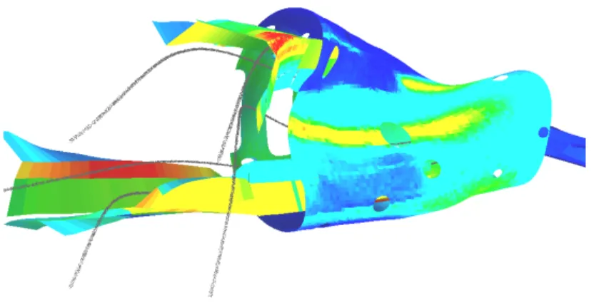 FIG. 2: Heat loads on the W7-X plasma vessel and divertor structure by plasma  radiation emitted from the X-Points (scattered gray line)