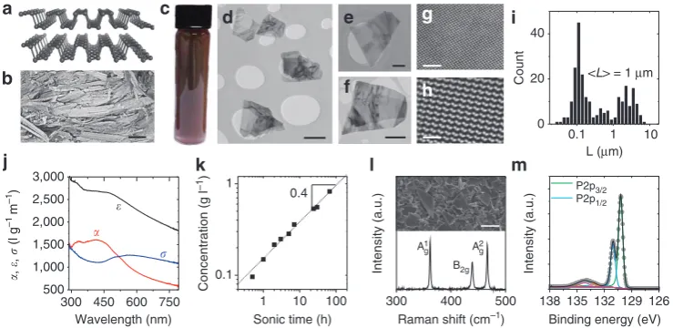 Figure 1 | Basic characterization of exfoliated black phosphorous. ((STEM) image and (lattice (scale bars ina) Structure of black phosphorus (BP)