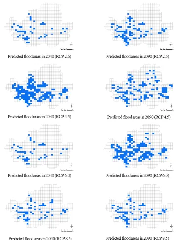 Fig. 5. Predicted flood areas (blue grids) as climate changes. 