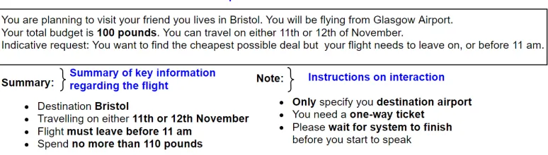 Figure 3: Simulated Search Situation 1. Participants are provided with a printed description of a simulated task situationwhich contains background information (top), a summary of search criteria (bottom left) and note on how to interact with