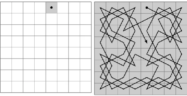 Figure 1.1: Example of an open knight’s tour of a chessboard and the visited squares shaded 