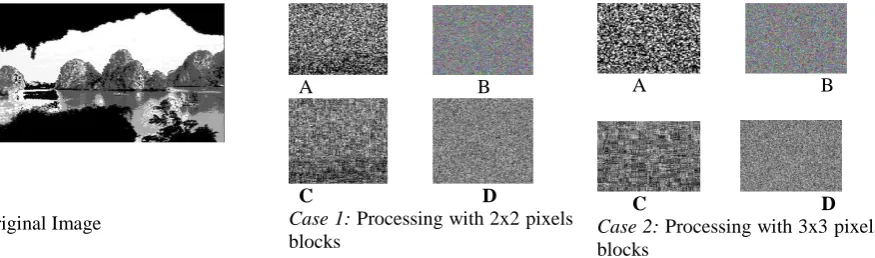 Fig. 6:  (A) Image after initial processing with n x n block, (B) Image after applying Blowfish on B, (C) Image after applying GA on B, (D) Image after applying Blow GA on B