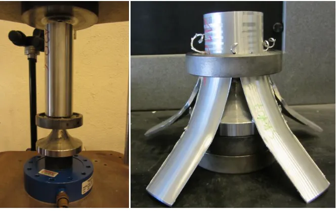 Figure 2.10 Experimental setup of AA6061-T6 extrusion in quasi-static cutting before test (left) and after test (right) using 5 blades