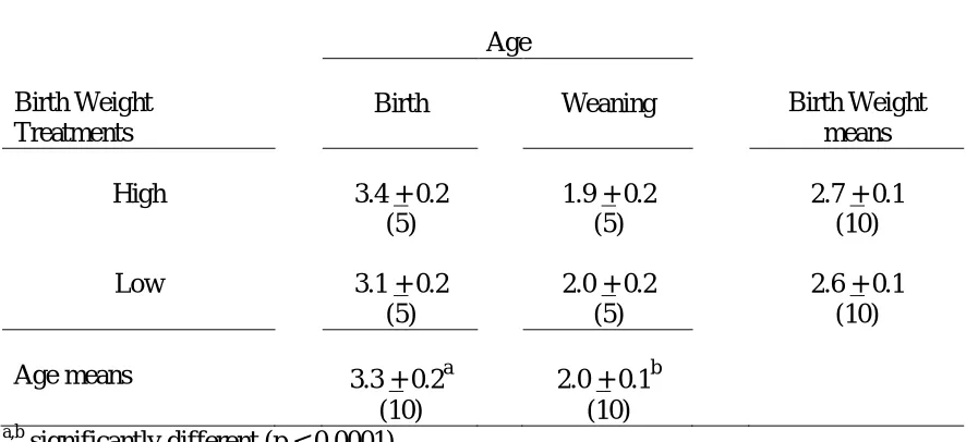 Table 4. Changes in Testicular Size relative to Body Weight in High and Low Birth Weight Boars during Lactation (cm2 / kg + s.e.)