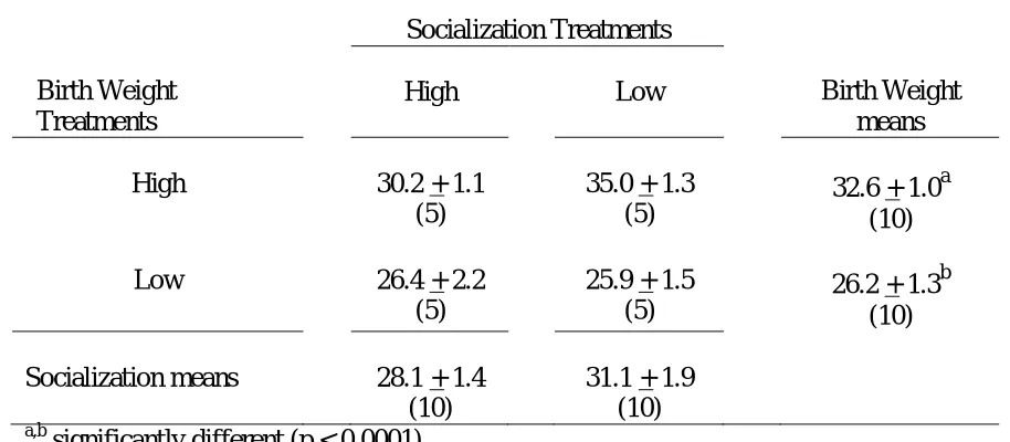 Table 5. Effect of Birth Weight and Socialization on Body Weight at 63 days of age (kg + s.e.)