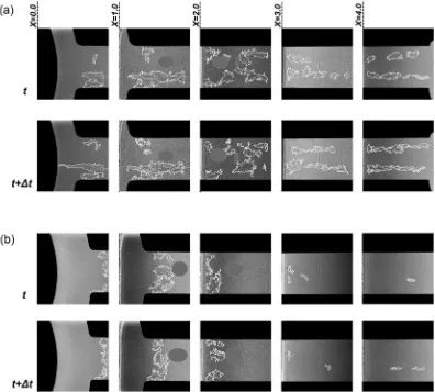 Figure 3. Top-view sequence of post-processed radiographs along the orifice length. The white line corresponds to the liquid-vapour interphase, while vertical white edges signify the extent of the irradiated region for which high signal-to-noise ratio coul