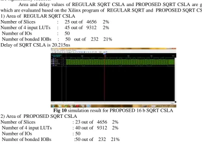 Fig 10 simulation result for PROPOSED 16 b SQRT CSLA 2) Area of  PROPOSED SQRT CSLA  