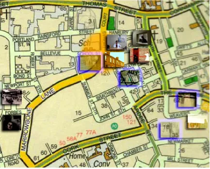 Figure 1.1 Early sketch for the Media Portrait of the Liberties graphical interface. Square icons representing 