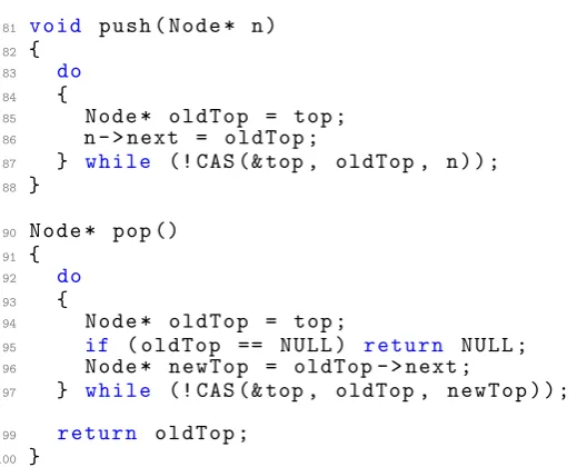 Figure 2.6: ABA prone implementation of a lock-free stack using CAS.