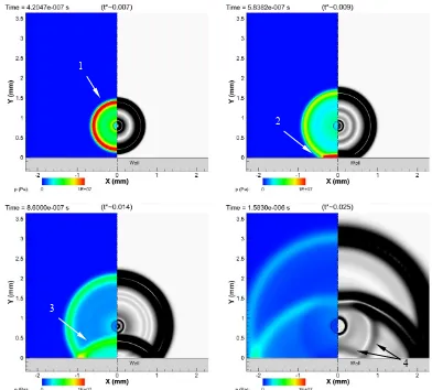 Figure 11. Left: pressure field. Right: Schlieren images during bubble growth. The bubble interface is visible as a continuous black line