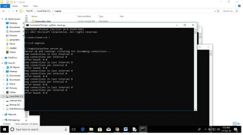 Fig 1: Python server.py is executed in Command prompt and the     result is shown above and now the server is listening for the incoming connections.We can see the number of connections in last interval, average connections per interval, error bound