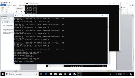 Fig 4:Detection of the dos attacks are shown in the screen in server side when the client2 system is stopped and the information i.e, number of connections in last interval, average connections per interval, DDOS detected errors error bound is been found i