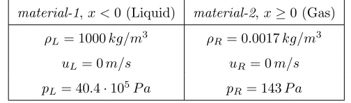 Table A.2: Initial conﬁguration for the Riemann problem of Appendix A.3.1.