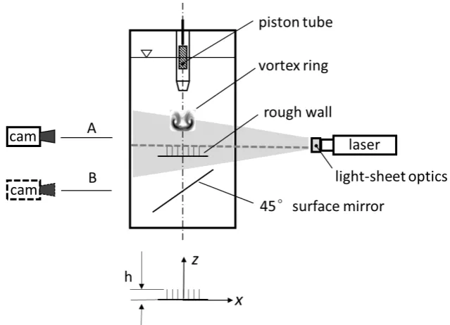 Figure 1. Schematic of the experimental setup. For Time-Resolved Particle Image Velocimetry (TR-PIV) measurements, the camera configuration A is used with a vertical light-sheet to record the flow field in the vertical x-z plane; configuration B is used to