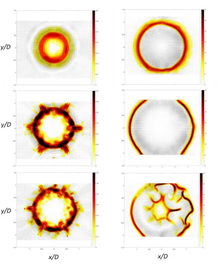 Figure 6.  Evolution of the fooprint left by the impacting vortex ring in the horizontal x-y plane (z/D= 0.09), illustrated by the colored FLT-exponent (T = 2.7, T=6.1, T=9.5)