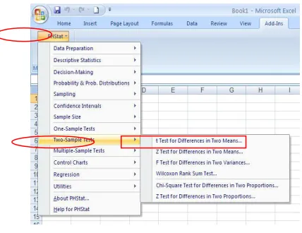 Fig. 2. Book 1- Microsoft Excel, the t Test for differences in two means   