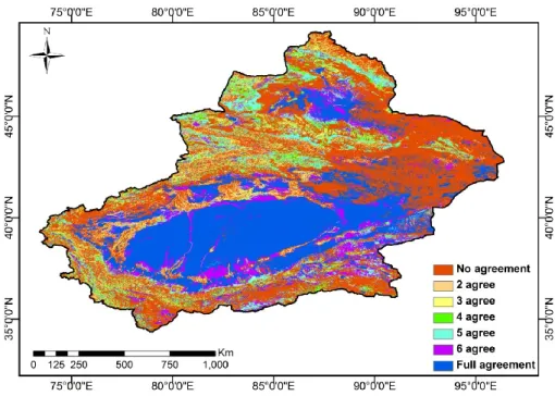 Figure 3. Levels of agreement among seven of the available  land cover products covering  the XUAR, classified according to the LCCS