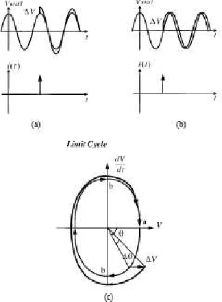 Figure 2.14 (a)Impulse Injected at the peak, (b) Inpulse injected at zero crossing, and (c) effect of nonlin-earity on amplitude and phase of the oscillator in state-space