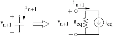 Figure 3.8 Associated discrete model for a linear capacitor based on the BE form.
