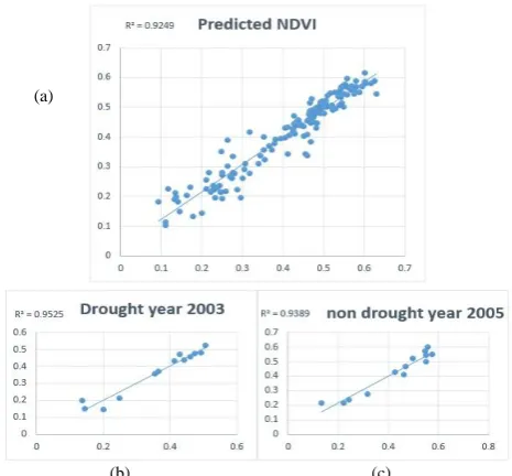 Fig. 8. (a): Predicted and observed NDVI in assured rainfall zone (model (b)                                                       (c) including sunspot data) (b): for drought year (c): non-drought year