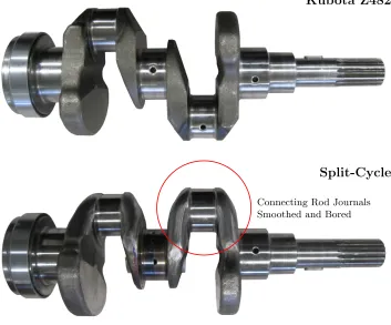 Figure 3.6: Original Kubota crankshaft (top) compared to the modiﬁed split-cycleversion (bottom)