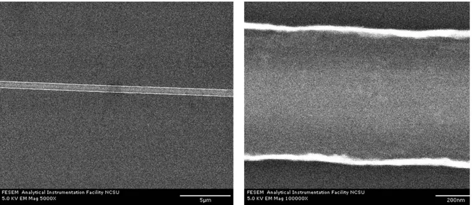 Figure 3.13: Resist profile of LOR/PMMA bilayer.  The image on the right is taken with the sample tilted to show the undercut and the smooth edge of the resist pattern on along the PMMA top layer