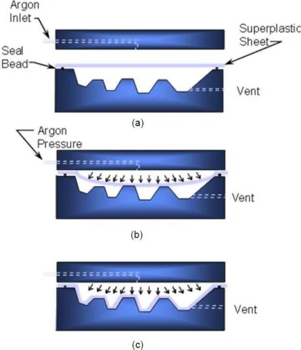 Figure 2.1 Schematic representation of the hot-forming process – (a) sheet of metal is sealed around its periphery between an upper and lower die