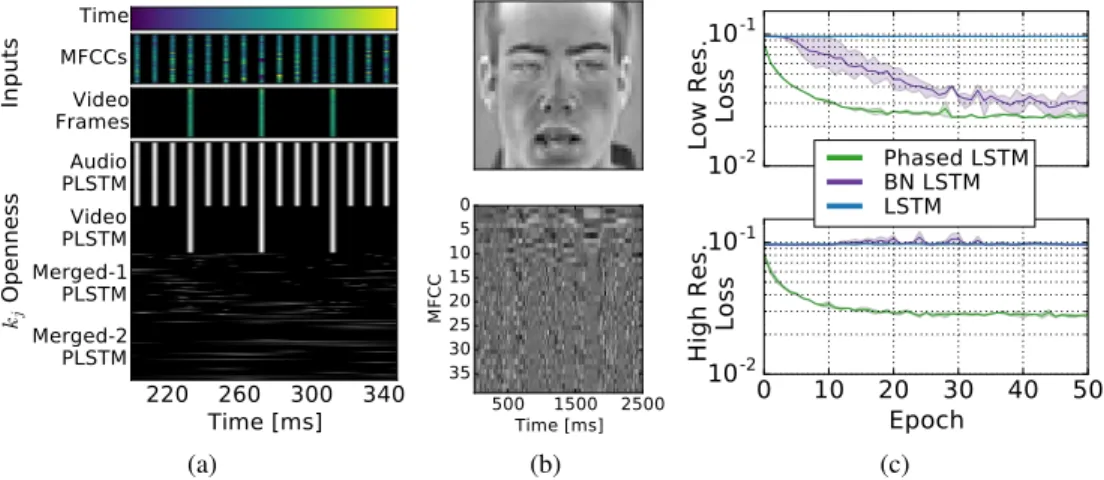 Figure 6: Lip reading experiment. (a) Inputs and openness of time gates for the lip reading experiment.