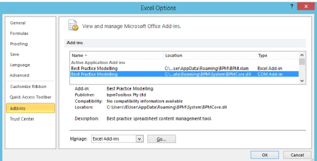 Figure 1 - Excel Options showing BPM Add-ins 